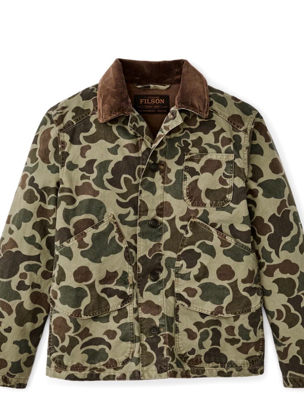 Filson Green and Brown Camo Duck Canvas Jacket with Corduroy Collar